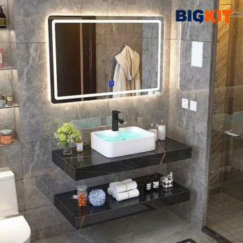 Bàn Đá Lavabo 2 Tầng BKG-05 Màu Đen Vân Đá – Đá Porcelain Cao Cấp, Treo Tường Sang Trọng