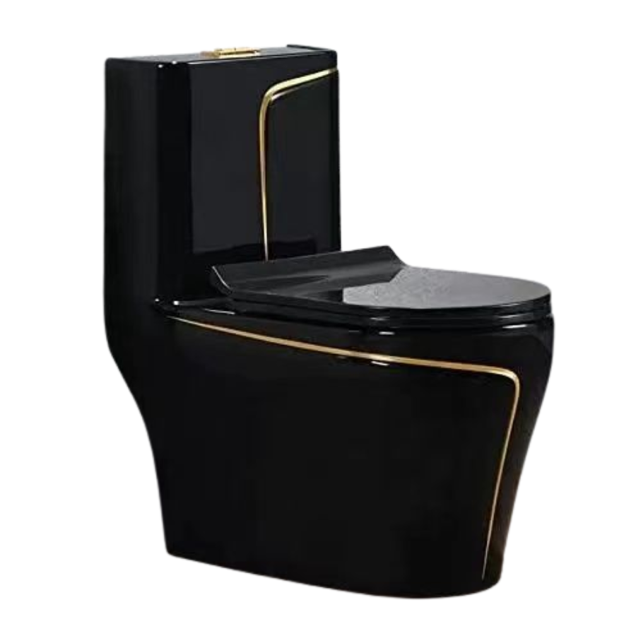 Bồn cầu liền khối BKG-904 đen bóng viền vàng cao cấp