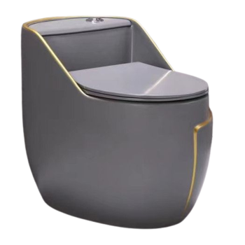 Bồn cầu liền khối BKG-533 xám viền vàng dáng trứng két thấp, xả TurboFlush™ mạnh mẽ, men sứ chống bám bẩn, nắp đóng êm – lựa chọn sang trọng cho phòng tắm
