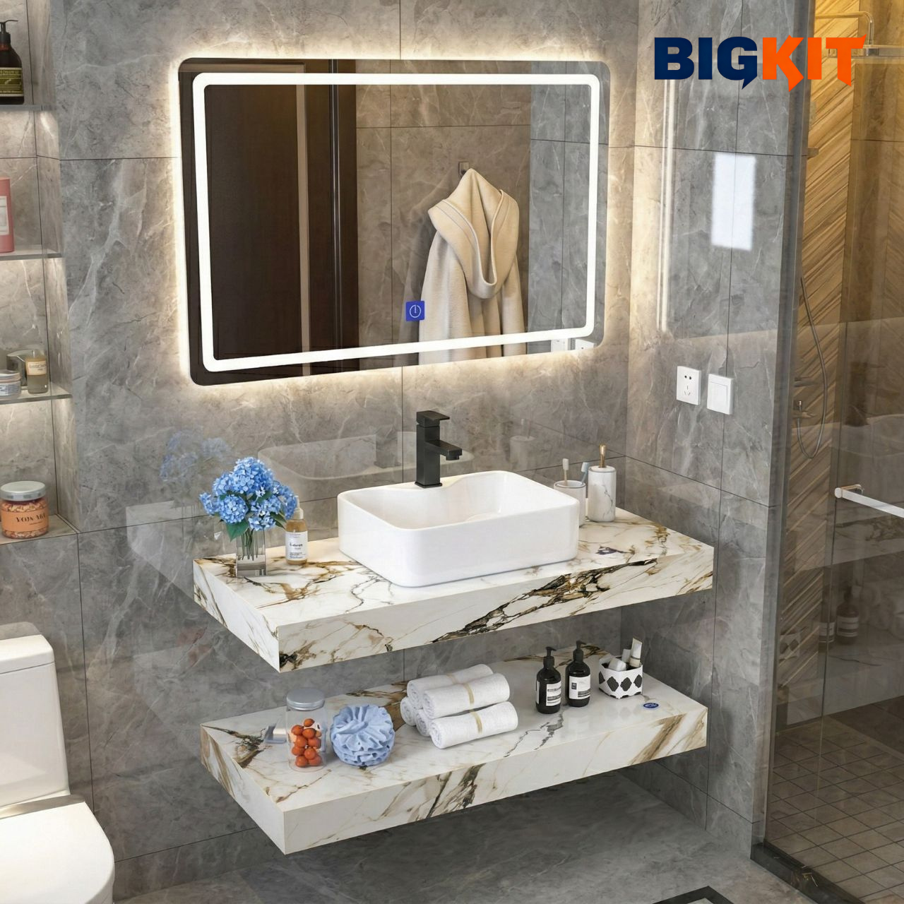 Combo Lavabo Bàn Đá 2 Tầng BIGKIT Kèm Gương LED Cảm Ứng – Đá Porcelain Cao Cấp, Sang Trọng