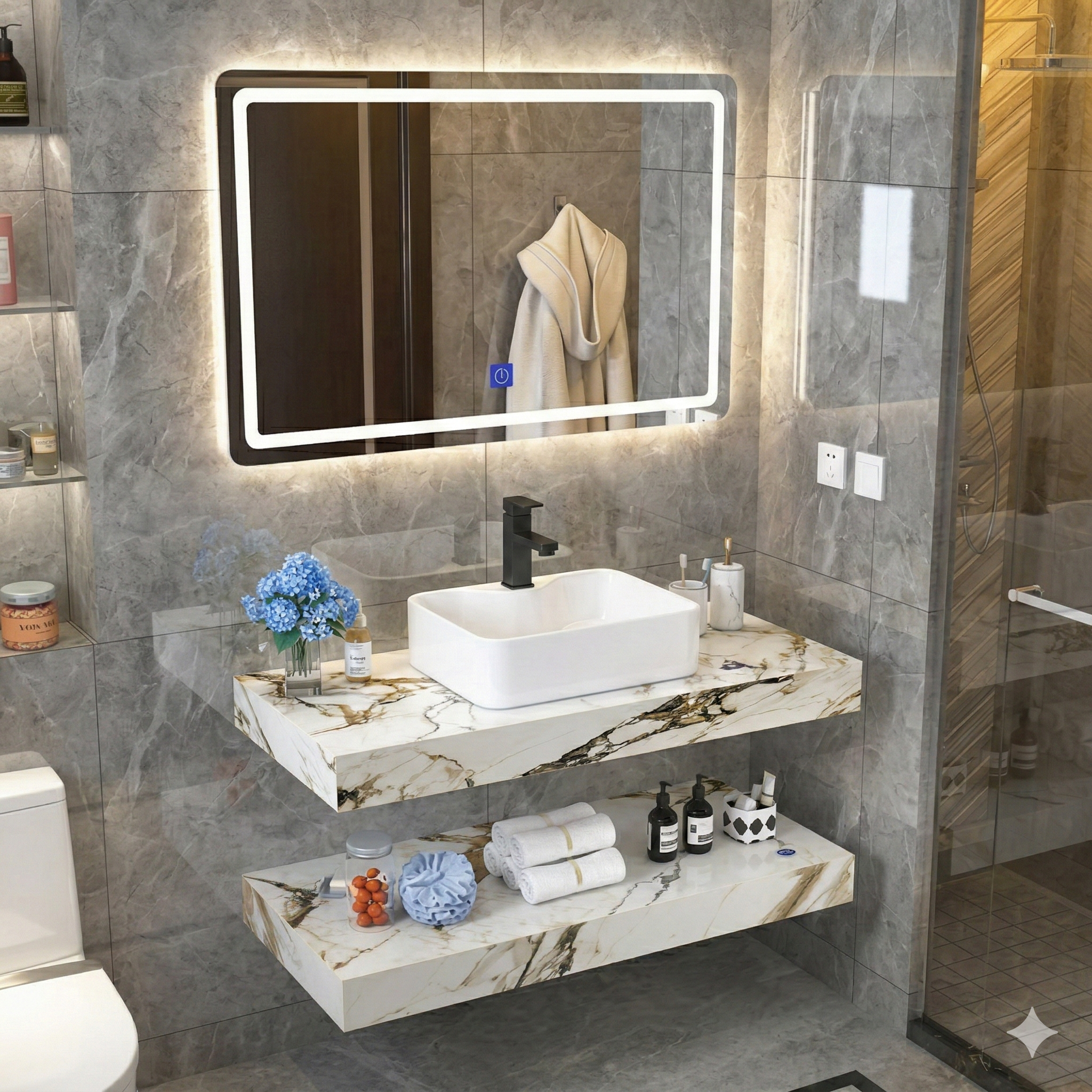 Bàn Đá Lavabo Treo Tường Vân Marble Cao Cấp BIGKIT – Kệ Đôi Hiện Đại Kèm Chậu Dương Bàn & Gương LED