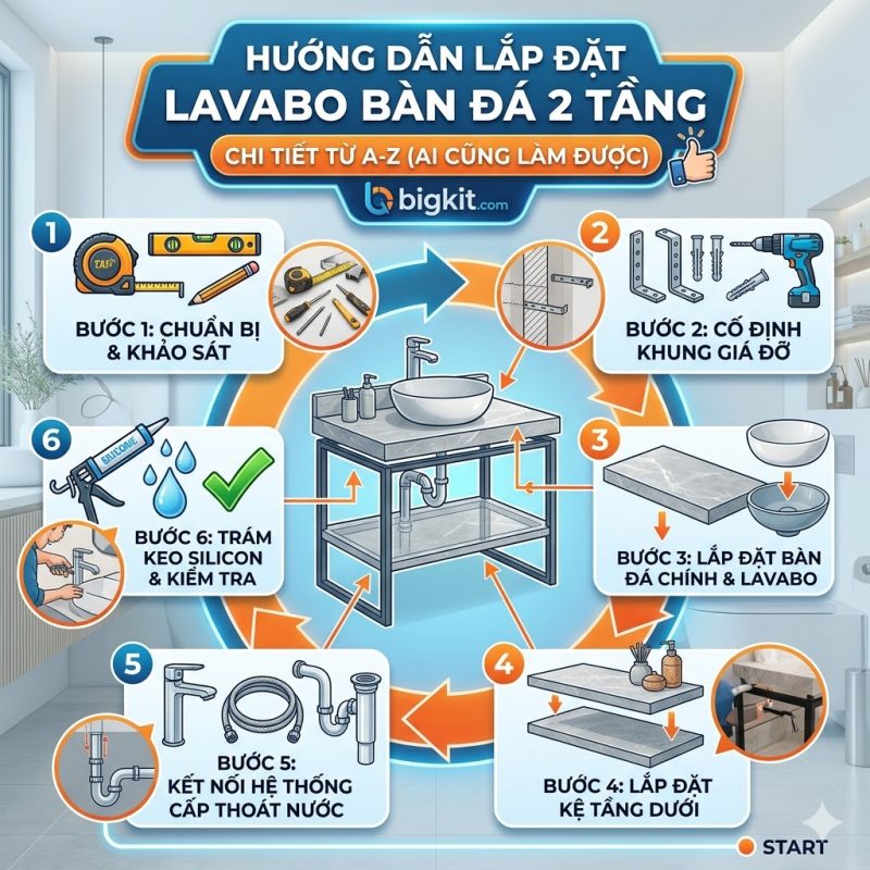 Hướng Dẫn Lắp Đặt Lavabo Bàn Đá 2 Tầng Chi Tiết Từ A–Z (Ai Cũng Làm Được)