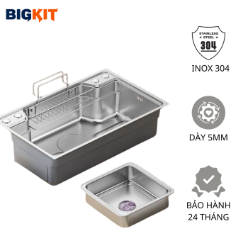 Chậu Rửa Chén Inox 304 [BIGKIT] Bồn Rửa Bát 2 Hộc Dày 5mm Kèm Phụ Kiện Cao Cấp